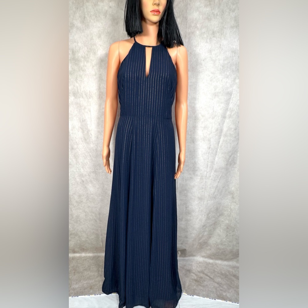 Phoebe Couture A-Line Blue Gold Halter Maxi Dress